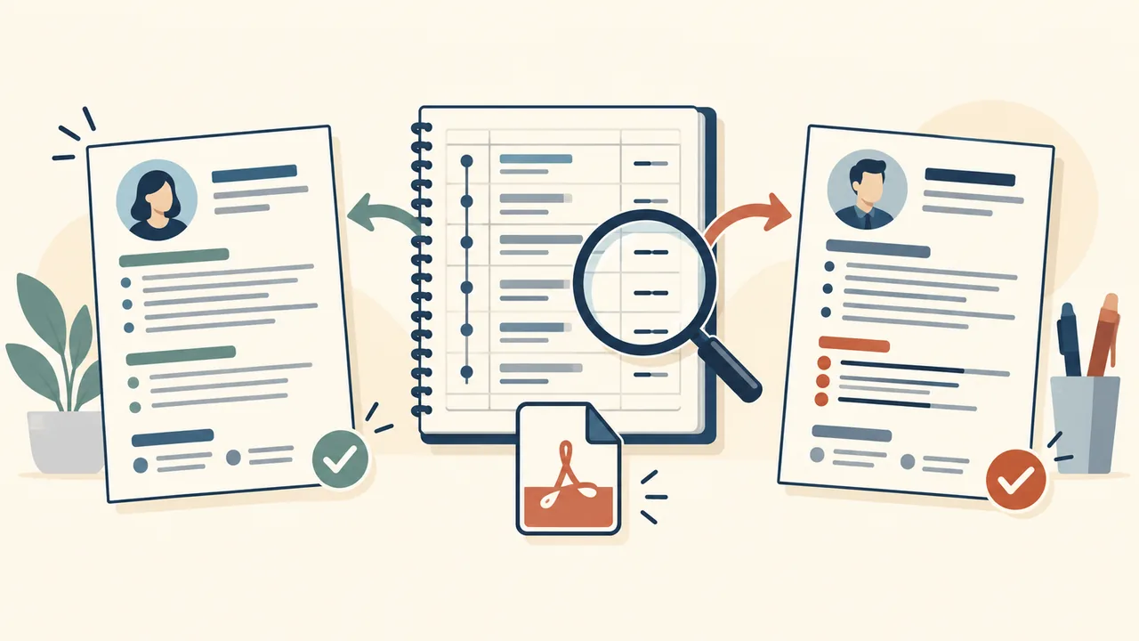 A person comparing two resume drafts against one factual reference sheet.