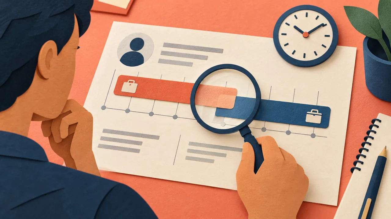 Check the timeline and scope Illustration of a resume review focused on dates, hours, and role boundaries.