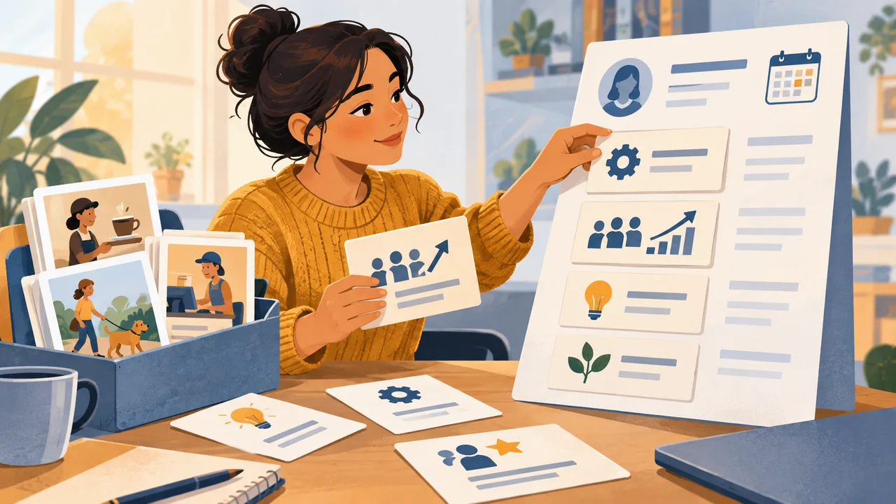 Put the schedule in context Illustration of a worker arranging part-time job evidence into a clear resume entry.