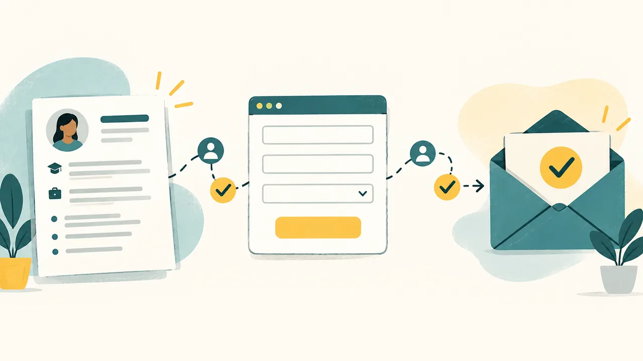 Check Each Record, Not Just the Spelling Illustration of a checklist linking a resume, application fields, and a confirmation page.
