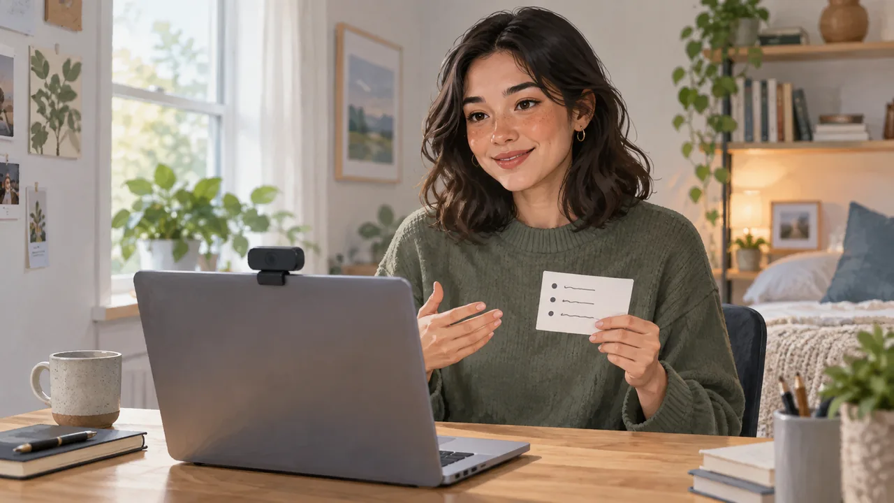 Applicant practicing a recorded interview answer beside a camera and brief cue card.