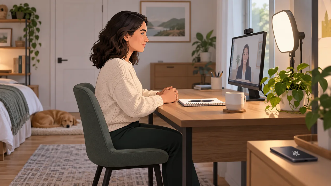 Simple home interview setup with camera at eye level and light facing the candidate.