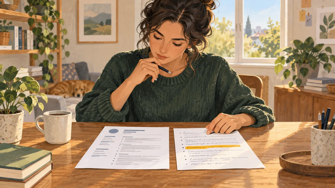 Start with the Submitted Version Job seeker comparing a resume page with a handwritten interview preparation worksheet.