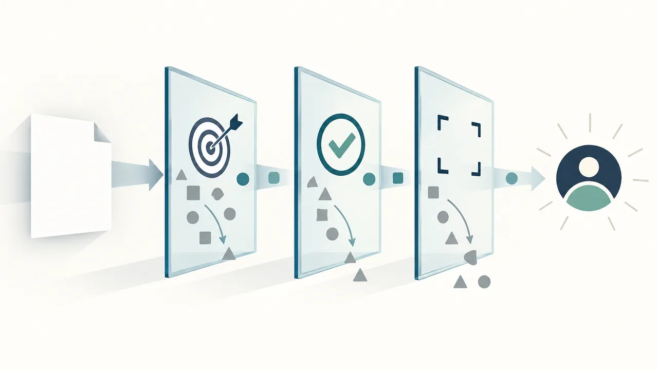 A job description card passes through relevance, accuracy, and usefulness checkpoints.