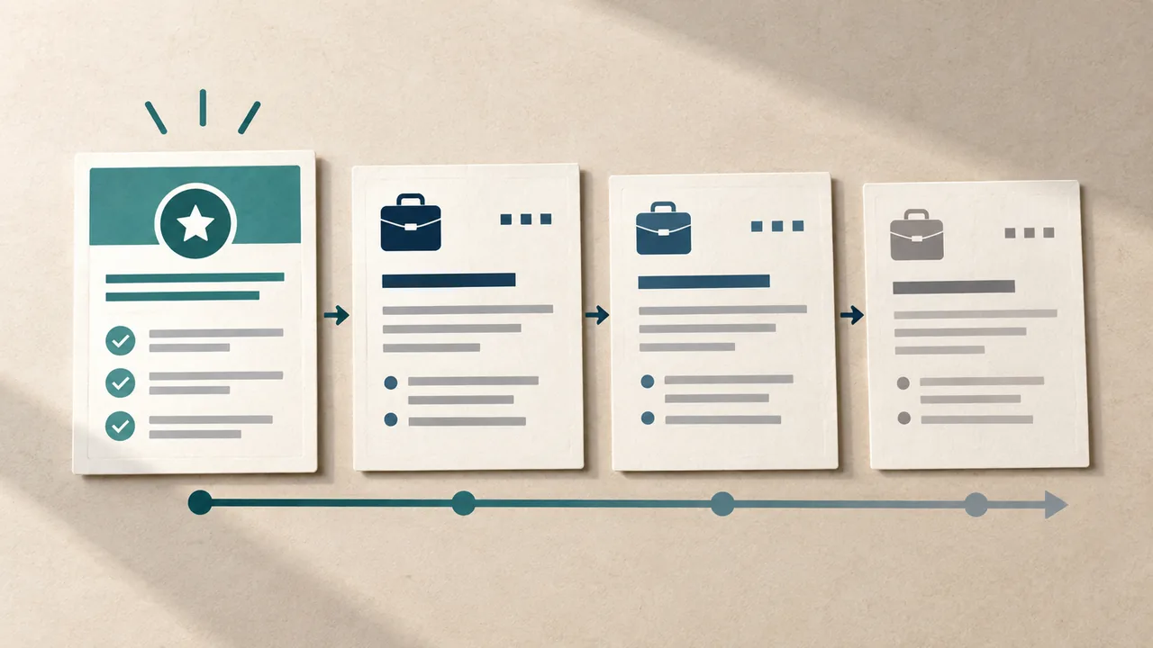 Illustrated resume section cards arranged with relevant evidence first and dated entries in order.