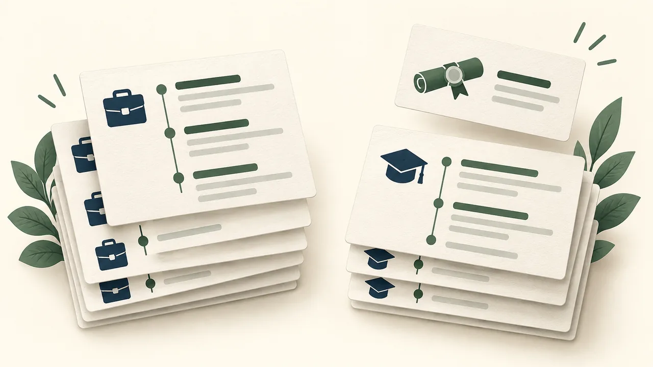 Illustrated comparison of an experience folder and an education folder, with a small credential card set above both.