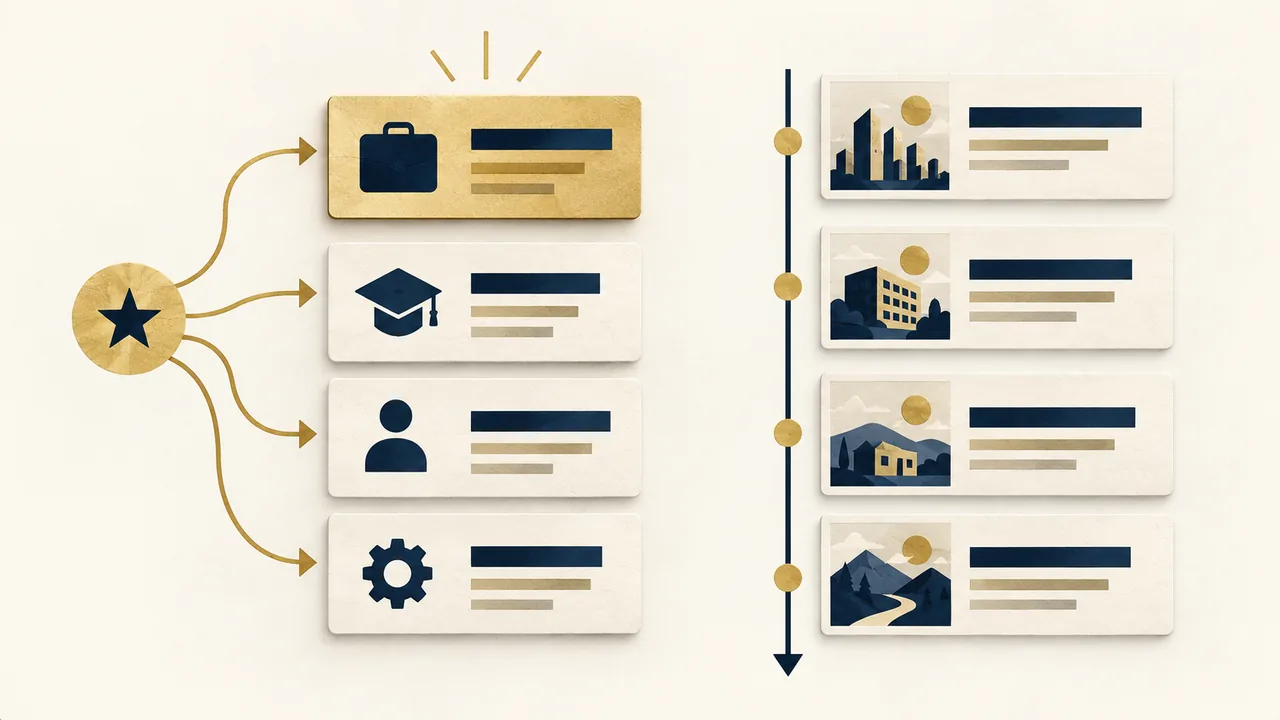 Illustrated resume sections sorted by relevance while entries remain in a clear date sequence.