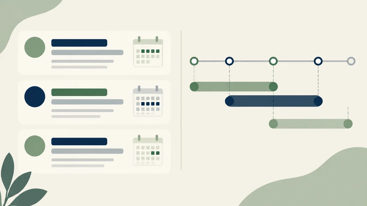 A date pattern and the timeline beneath it Three abstract job entries show different date patterns beside a separate timeline check.