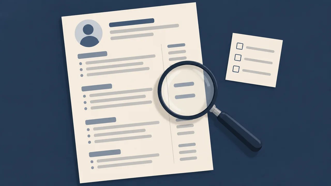 Check the dates before you send Illustrated resume page with a magnifying glass over aligned date entries and a checklist.