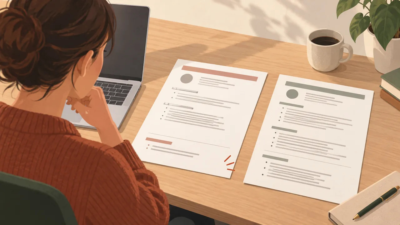 Inspect the file you will submit A person checks a two-page resume preview for clipped text and page breaks.