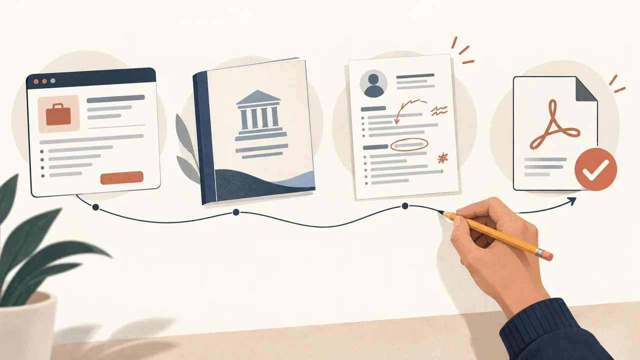 A magnifying glass, vacancy page, official guidance sheet and final PDF arranged as a four-step review path.