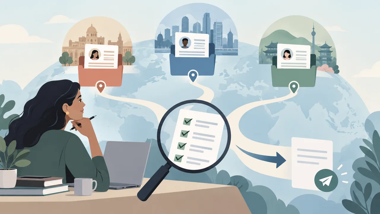 Illustrated application folders branching across an international map, with a checklist marking a resume review before sending.