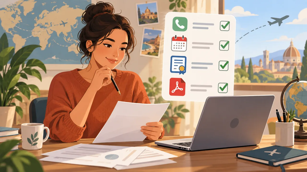 A person checks contact details, dates and file format on a printed application checklist beside a laptop.