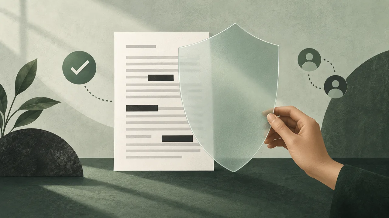 Clear a sample before sharing it A document behind a privacy shield with collaboration and permission symbols.