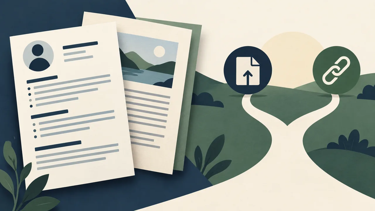 Keep the resume and writing sample separate Separate resume and writing sample documents beside a simple upload-or-link decision path.