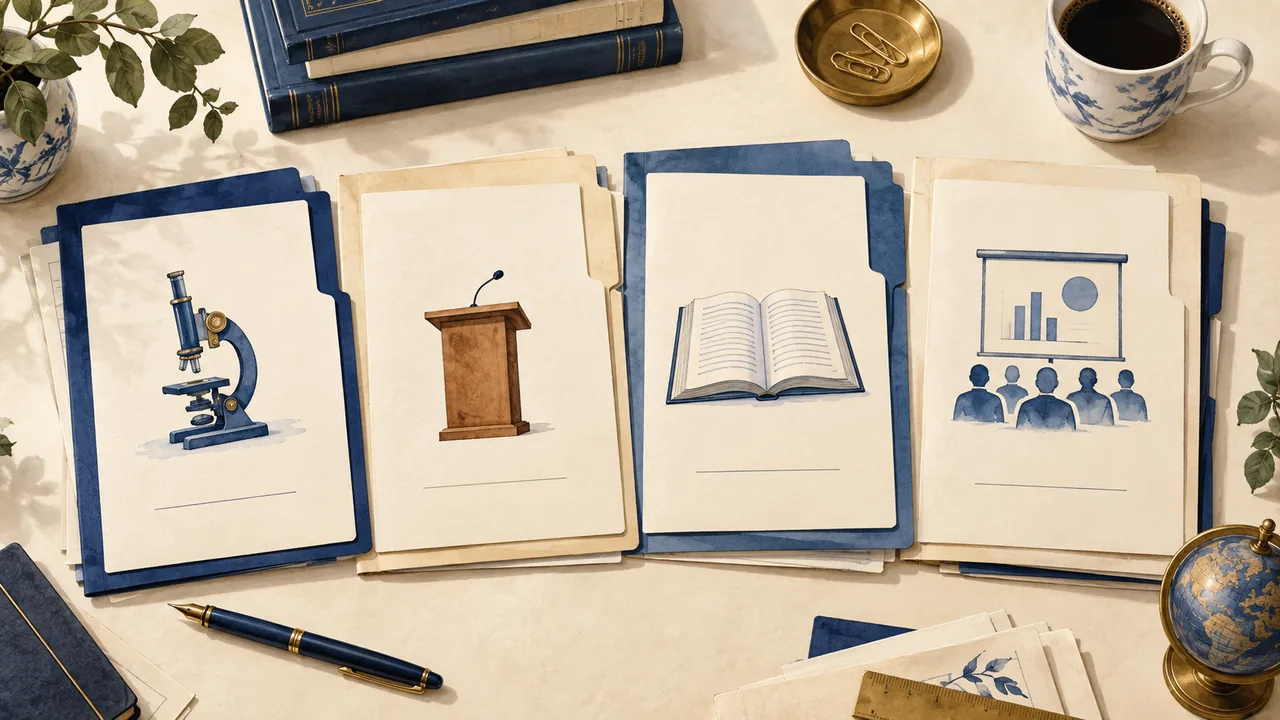 An academic record for an academic search A faculty application is organized into research, teaching, and publication sections.