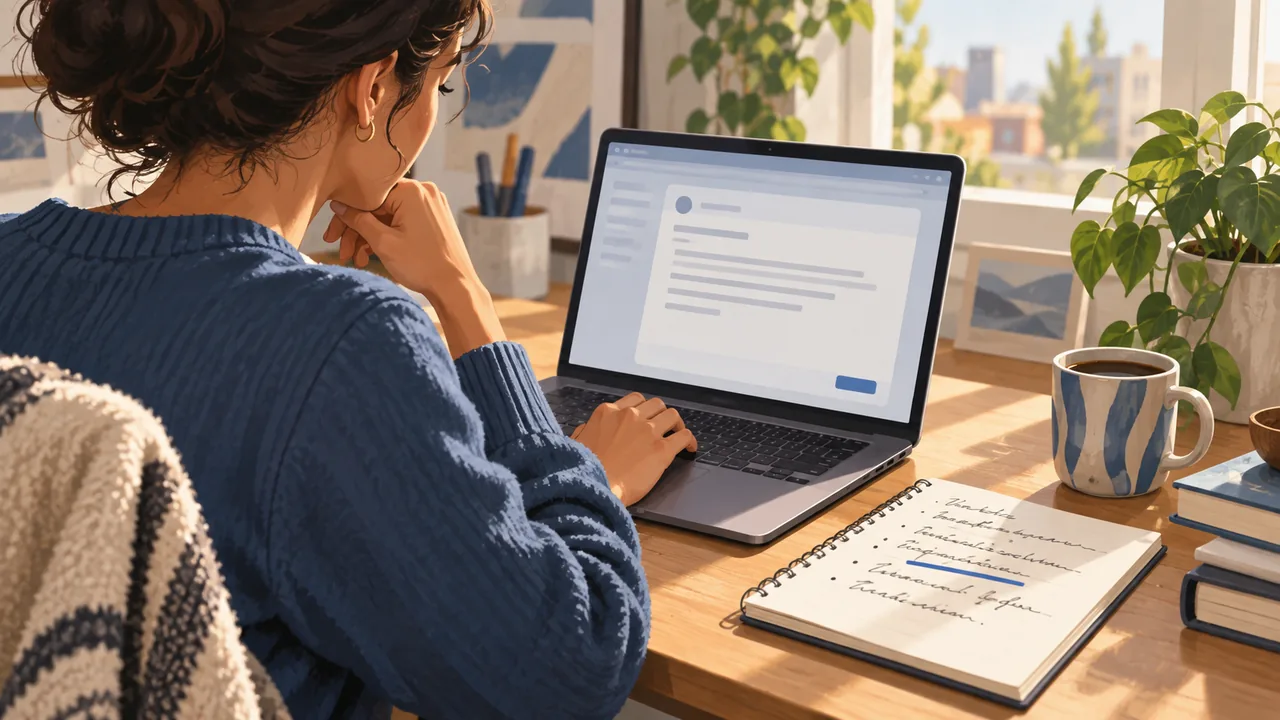 Drafting a specific thank-you A person drafts a thank-you email beside notes from a career conversation.