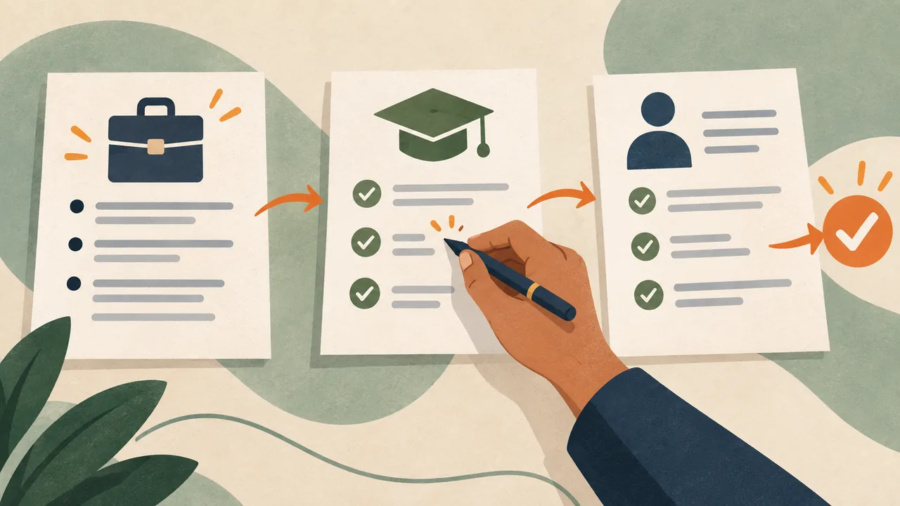 A practical application checklist A hand checks a short stack of application documents in sequence.