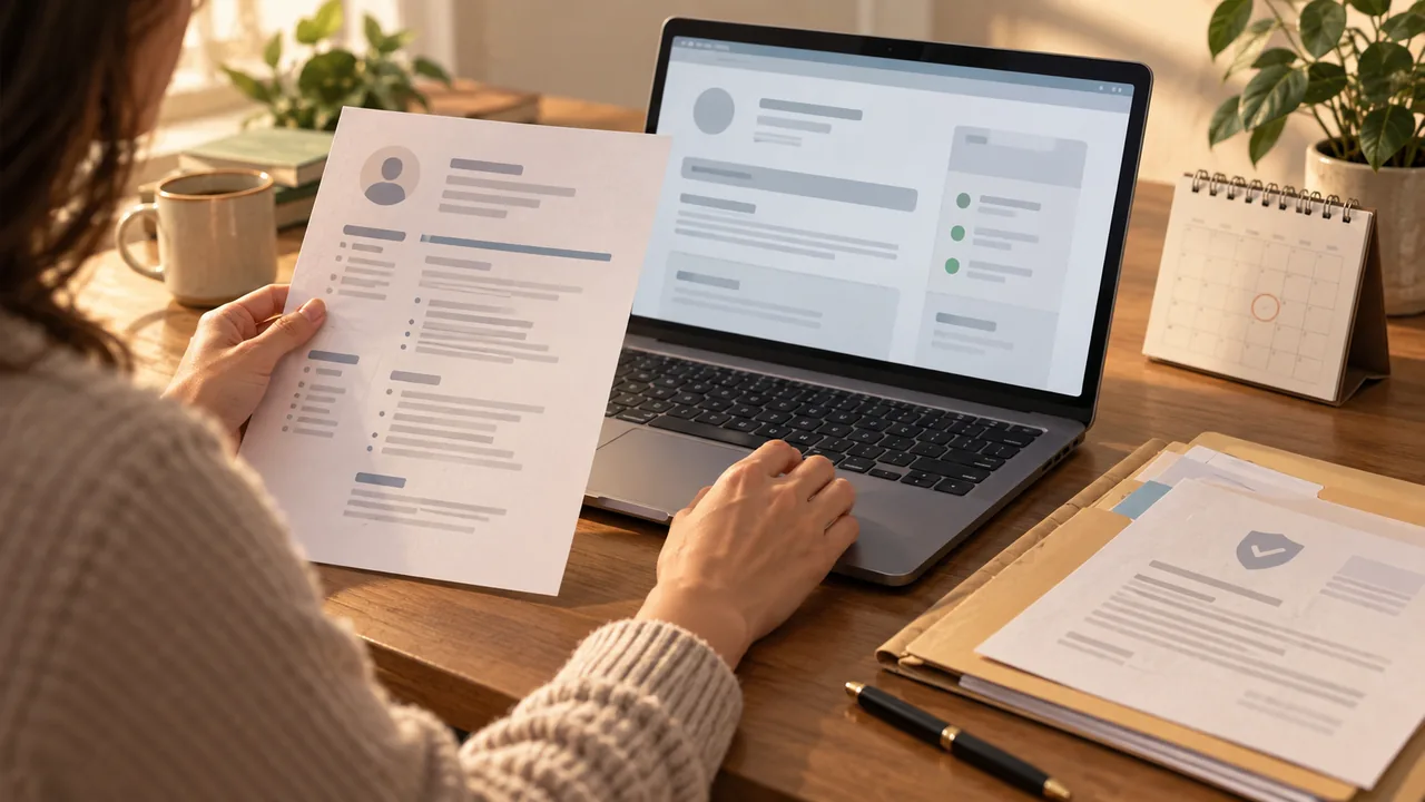 A person compares an official online status record with a dated resume entry.
