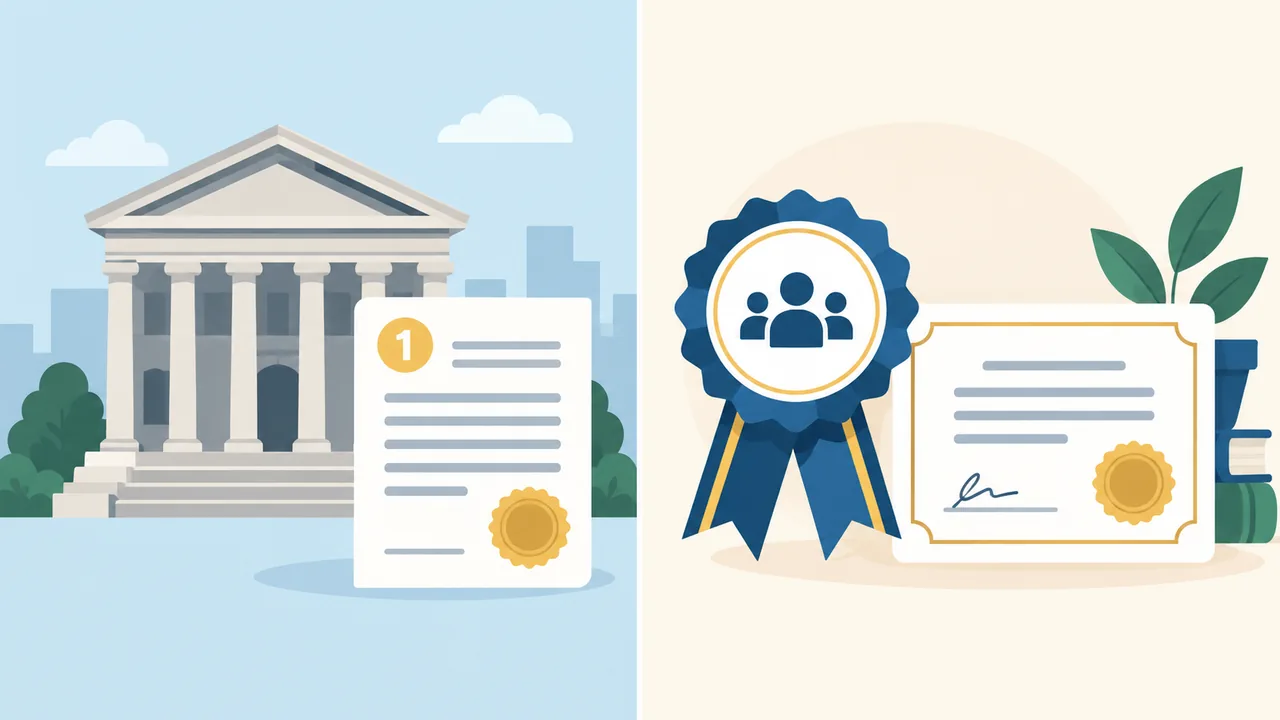 A government-style authority seal and a professional certificate sit in separate columns.