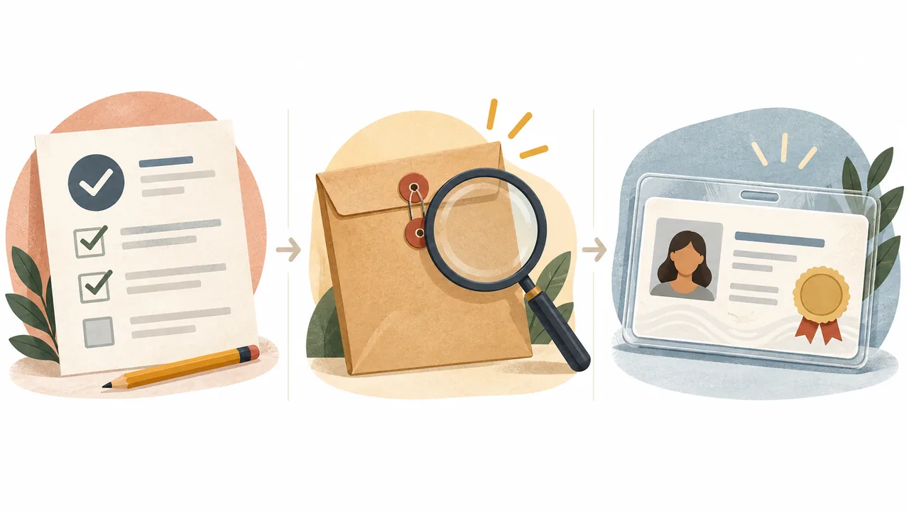 Illustration distinguishing an exam result and pending application from an issued professional license.