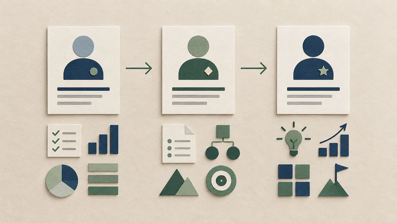 Illustrated cards sorting distinct work evidence into successive roles