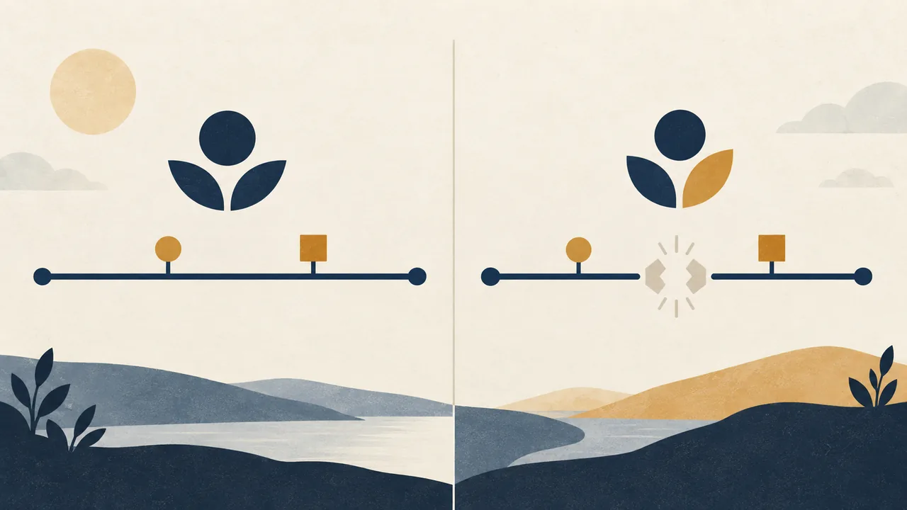 Illustration comparing a continuous company identity with a changed identity and gap