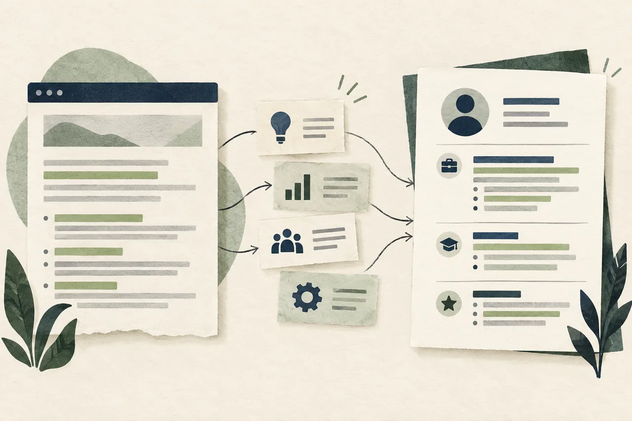 From Job Description to Evidence Illustration showing a job posting mapped to evidence cards and a tailored resume.