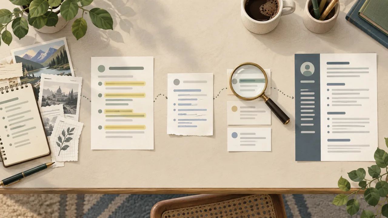 Editing a Project Entry Step by Step A checklist shows notes becoming a concise, carefully checked project entry.