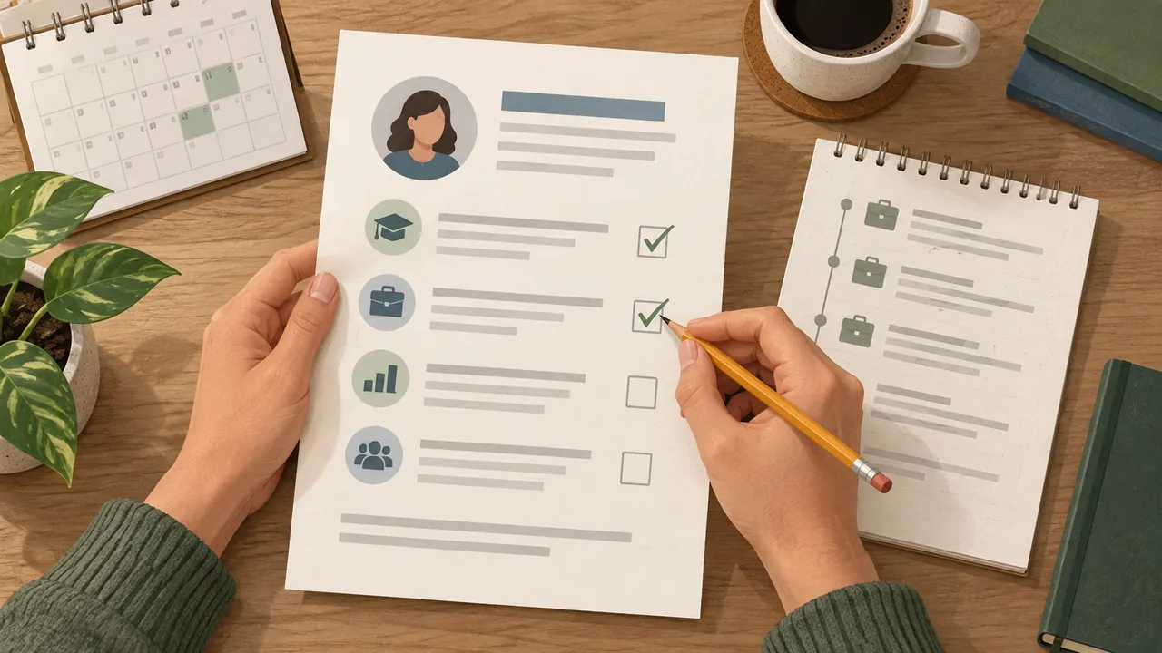 Check the Claim Before It Goes on the Page A person reviews a resume bullet against a note and a supporting work record.