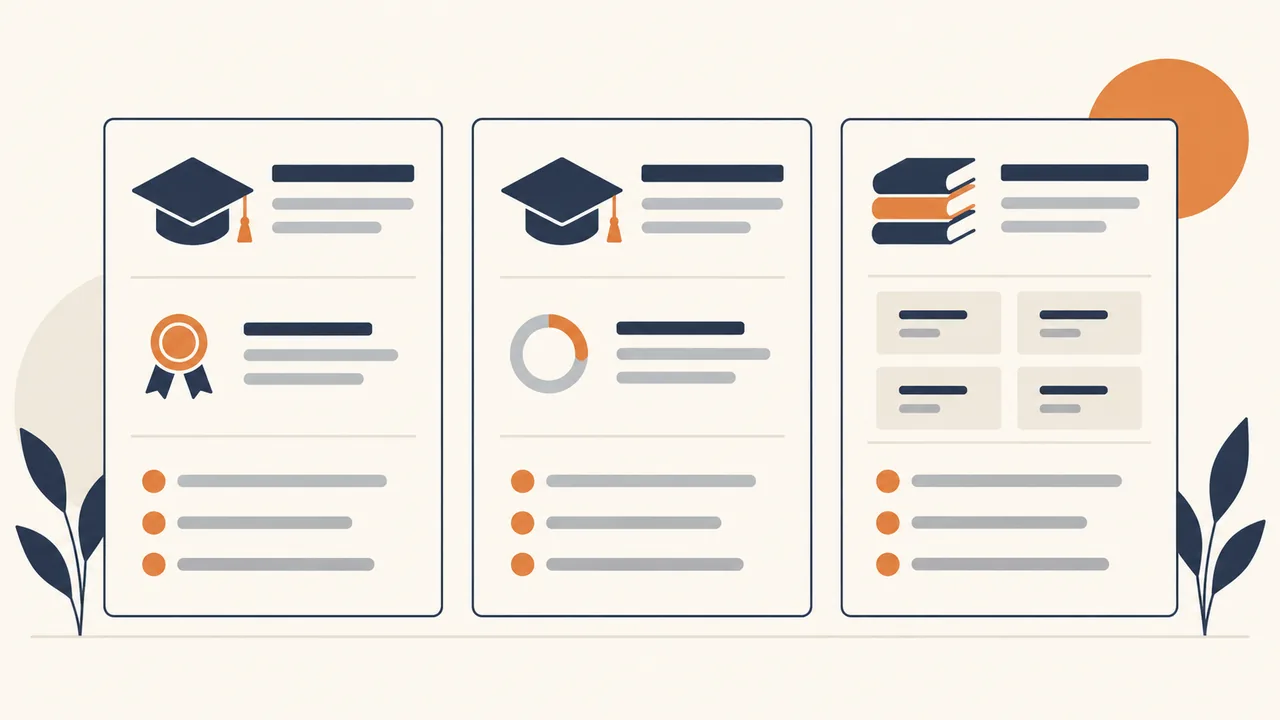 Education entry formats Three clean resume education layouts show completed, in-progress, and course-only study.