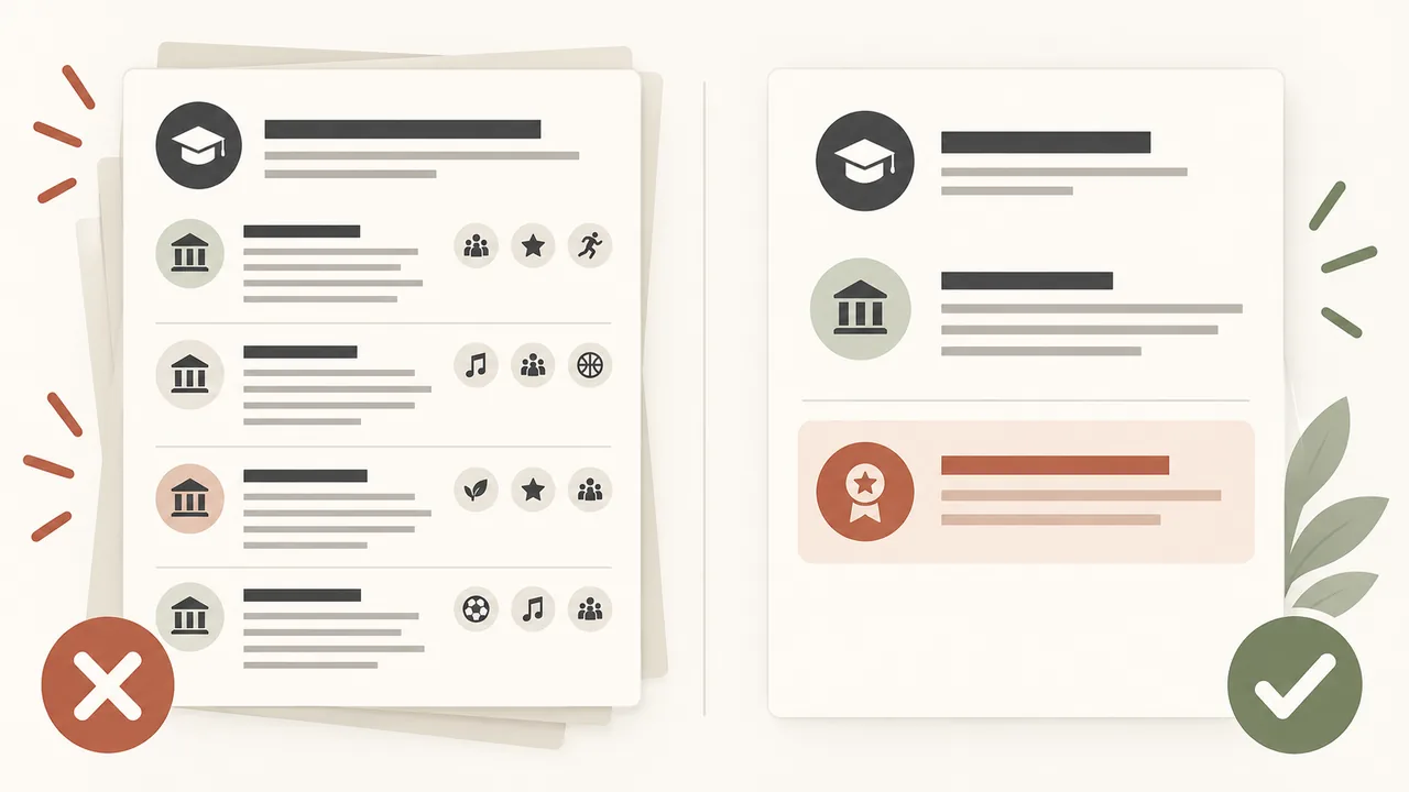 Illustration comparing a crowded education section with a concise resume education section.